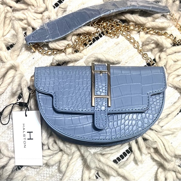 💋 Halston 💙🩶 Blue Grey Leather Textured Crossbody ✨ - Picture 1 of 8
